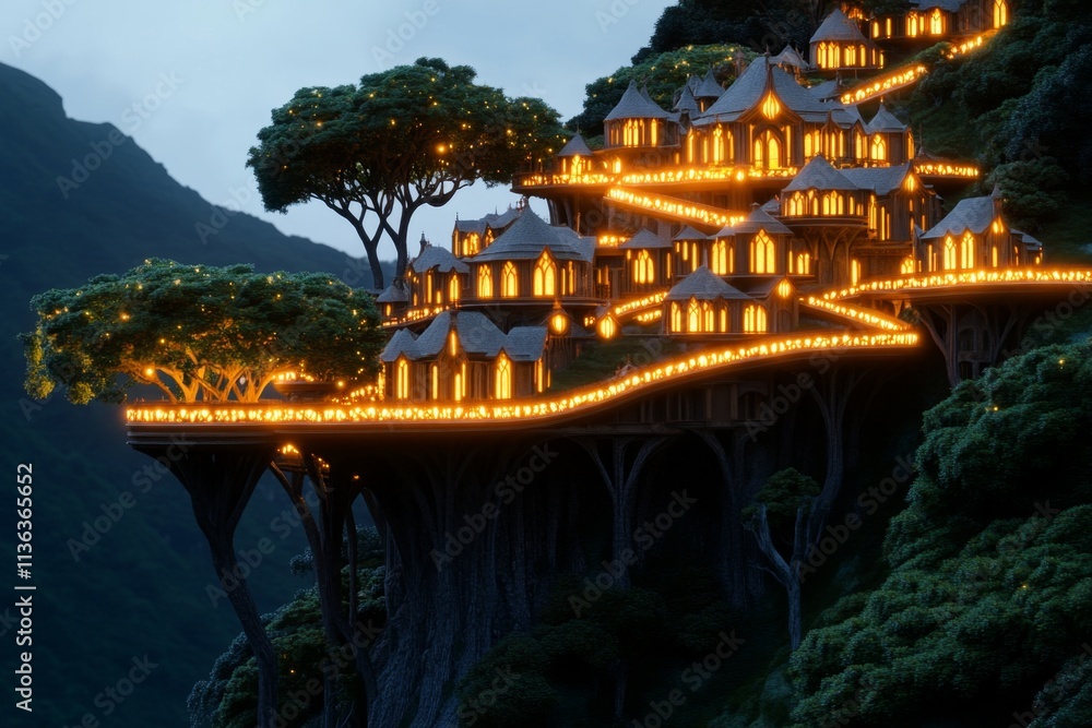 Poster a vibrant elven city built into towering trees, with bridges of light connecting the structures high