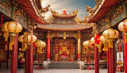 Fototapeta premium Ornate Chinese temple with red pillars, golden decorations, and dragon motifs