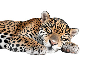 Obraz premium A peaceful leopard resting comfortably, showcasing beautiful fur patterns. transparent background.