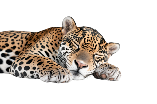 A peaceful leopard resting comfortably, showcasing beautiful fur patterns. transparent background.