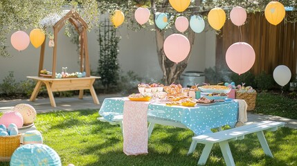 Fototapeta premium A group of friends celebrating Easter with a backyard barbecue and pastel-themed decor.