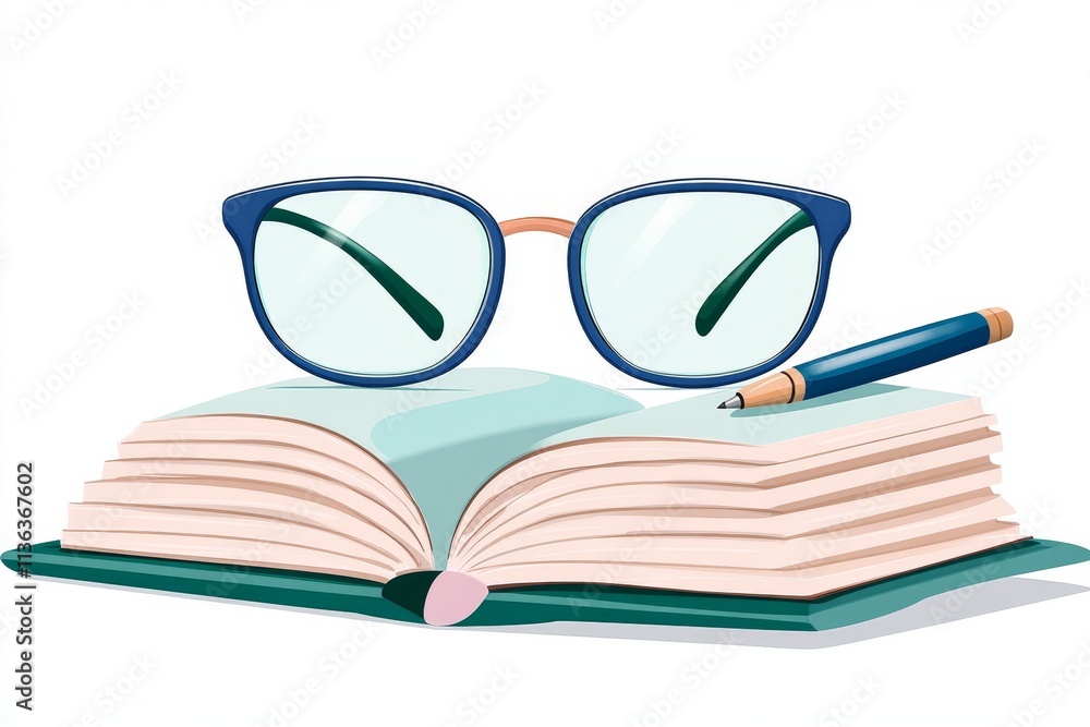 Poster An abstract representation of eyeglasses overlapping with a book and pen, using soft pastel colors in a flat design style