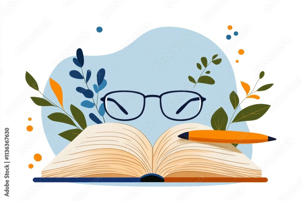 Poster An abstract representation of eyeglasses overlapping with a book and pen, using soft pastel colors in a flat design style