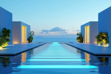 A serene waterfront scene featuring illuminated pathways leading through modern structures, creating a tranquil ambiance at twilight.
