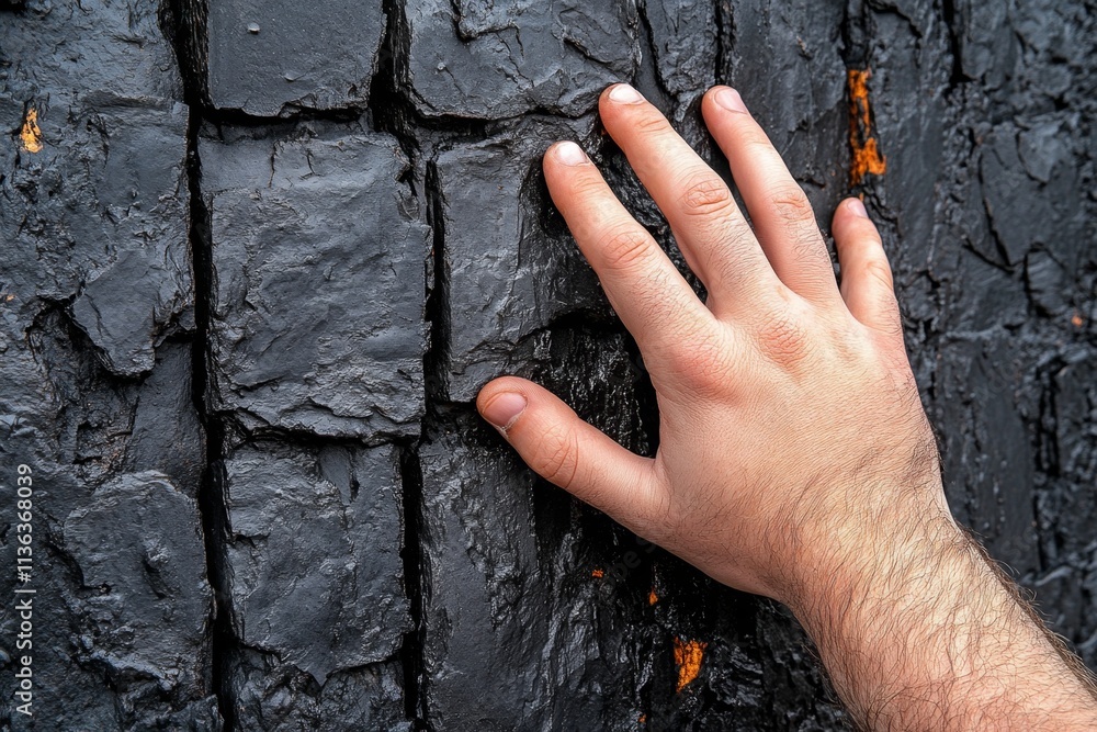 Poster an ultra-detailed close-up of a person hands touching a rough ancient wall, with every groove and te
