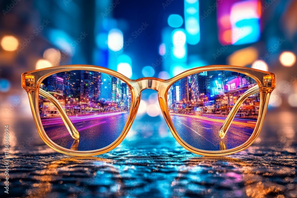 Poster an ultra-detailed close-up of eyeglasses reflecting a vivid cityscape, with intricate textures on th