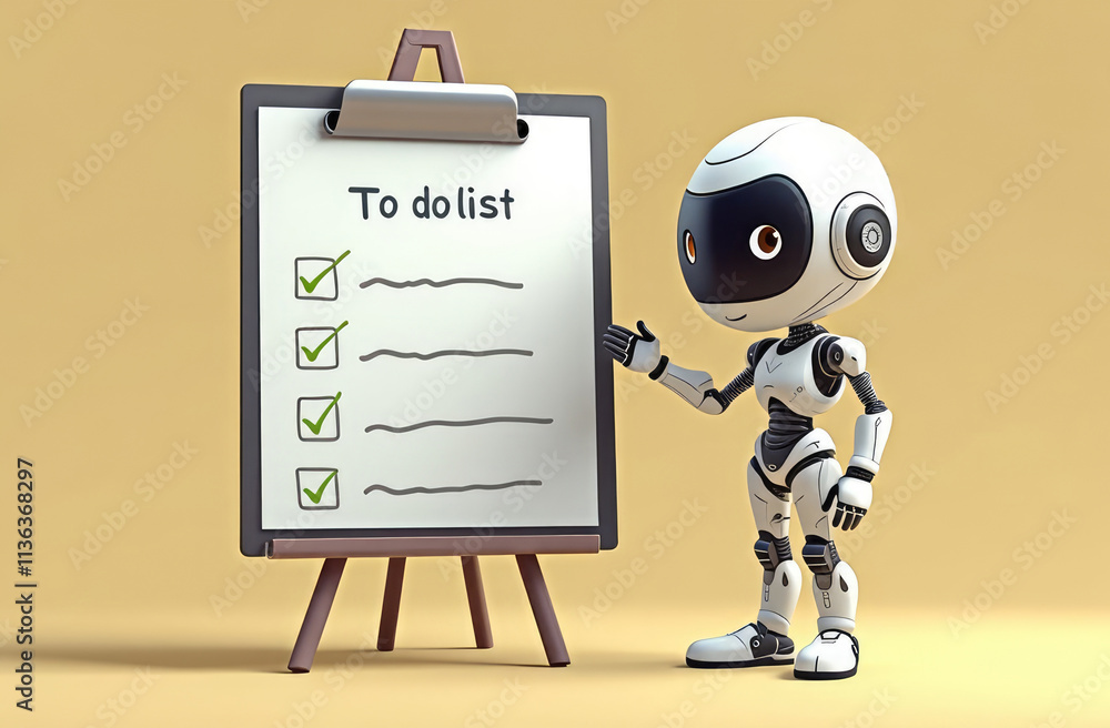 Poster cartoon illustration of robot next to clipboard with checklist of finished tasks. automation tools, 