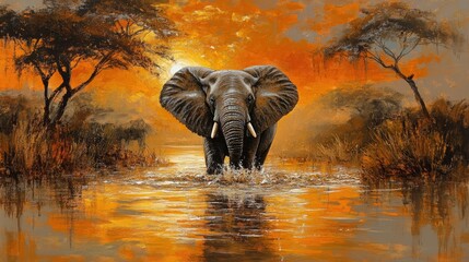 A majestic African elephant wading in the waters of the Khwai River as the sun sets, painting the scene with warm orange tones.
