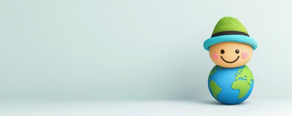A cheerful character holding a globe, symbolizing environmental awareness and global unity, with a vibrant green hat.