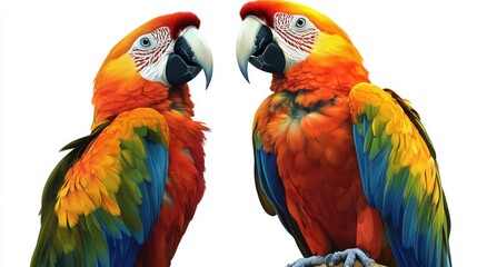 Obraz premium A pair of macaw parrots, perched and gazing together, set against a seamless transparent background.