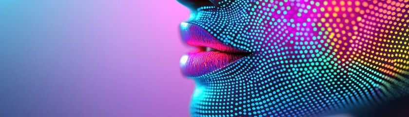 A vibrant digital close-up of a stylized face, showcasing colorful dot patterns that create a mesmerizing visual effect.