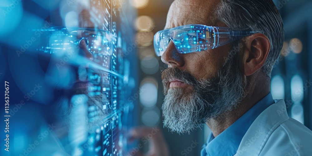 Aufkleber a futuristic scientist wearing advanced augmented reality glasses while analyzing data on a glowing 