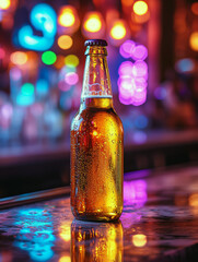 Amidst a lively bar atmosphere, a fresh cold beer bottle stands on the polished counter, reflecting colorful neon lights and droplets of condensation. Nightlife concept