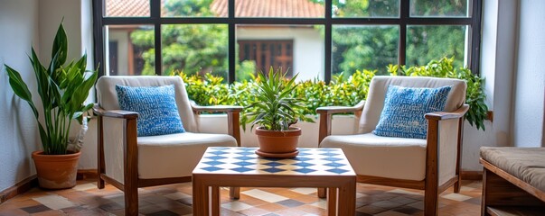 Fototapeta premium A cozy living space featuring two armchairs, a patterned table, and vibrant greenery by a large window.