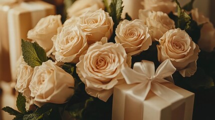 Obraz premium Bouquet of Beige Roses with Gift Boxes