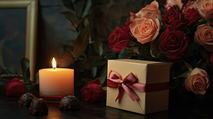 A small gift box with a bow, placed next to a bouquet of roses, chocolates, and a lit candle, perfect for Valentine Day.