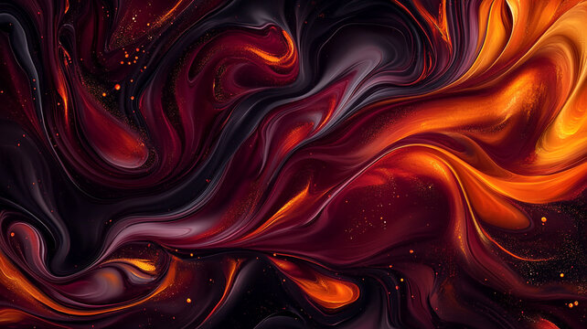 Dynamic swirls of rich maroon and burnt orange liquid paint create an intense and passionate abstract design on a sleek dark background