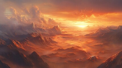 A sprawling desert landscape with dramatic dunes and a fiery sunset sky.