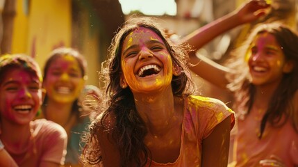 Obraz premium A vibrant Holi festival scene with people laughing and covered in bright colors, joyous and energetic