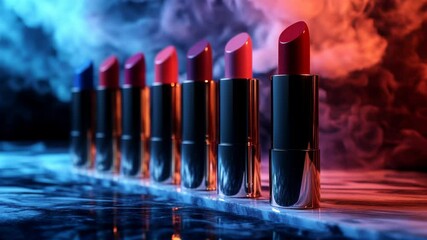 Vibrant lipsticks on marble, smoky neon backdrop. Bold, glamorous beauty product showcase. Ideal for makeup tutorials, beauty ads, and the cosmetics industry.