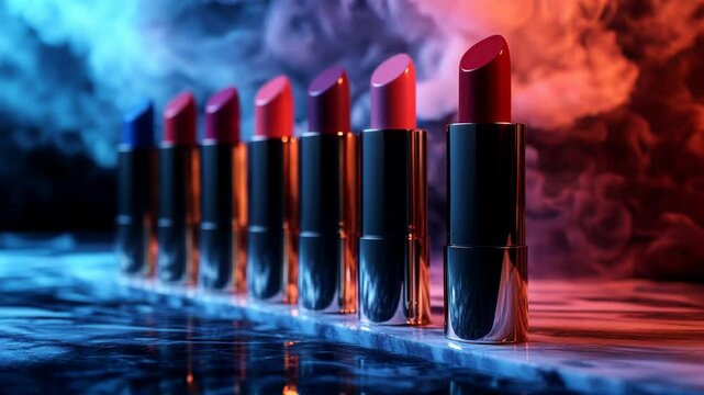 Vibrant lipsticks on marble, smoky neon backdrop. Bold, glamorous beauty product showcase. Ideal for makeup tutorials, beauty ads, and the cosmetics industry.