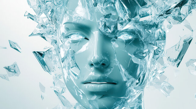 A celestial representation of a figure bathed in icy teal and silver tones, delicate crystalline shards creating a kaleidoscopic effect, intricate details in the refracted light patterns - Powered by Adobe