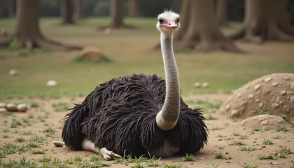 Selbstklebende Fototapeten Majestic ostrich resting on the ground in a natural setting with a serene expression  © Nadiya