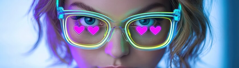 A close-up of a person wearing neon glasses with heart-shaped reflections, showcasing a playful and vibrant aesthetic.
