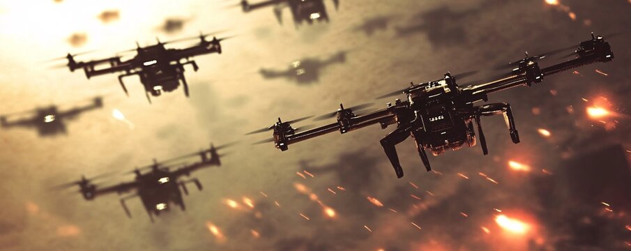 Swarm of military drones flying in war zone