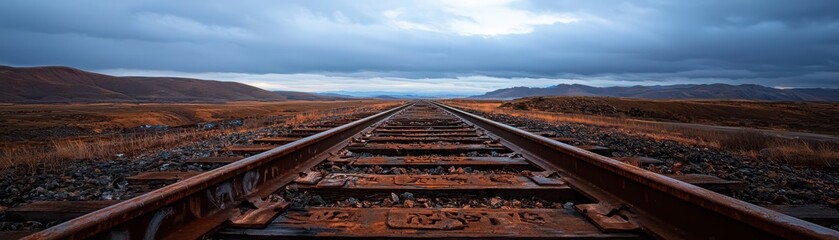 Obraz premium A scenic view of railway tracks stretching into the distance, framed by a dramatic sky and rugged terrain, evoking a sense of adventure and exploration.