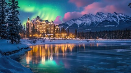 Naklejka premium A vibrant green and pink aurora borealis reflecting on the surface of a frozen lake, framed by snow-laden trees and mountains.