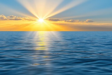 Fototapeta premium A tranquil seascape at sunrise, featuring vibrant rays of sunlight reflecting on calm waters, evoking peace and beauty.