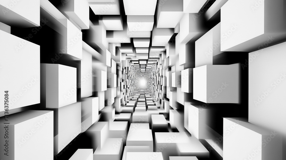 Poster exploring a futuristic tunnel of 3d cubes with a bright light at the end