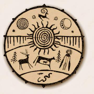 Decorative shamanic timbrel featuring animal symbols and sun motifs, representing ancient rituals and spirituality