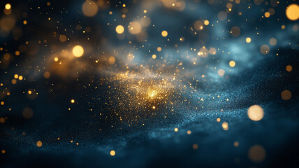 Obraz premium Floating gold particles gracefully illuminate a dark blue canvas, adding an elegant and luxurious touch