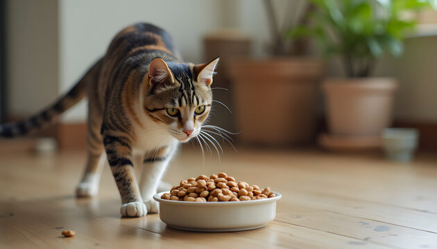 Curious cat approaching a bowl of kibble on a wooden floor in a cozy indoor setting
