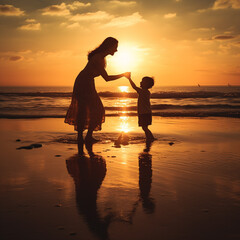 photo mom plays with her baby on holidays near the ocean, silhouettes at sunset