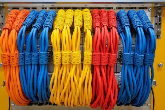 A corporate IT setup with rows of Ethernet cables organized in labeled ports on a patch panel