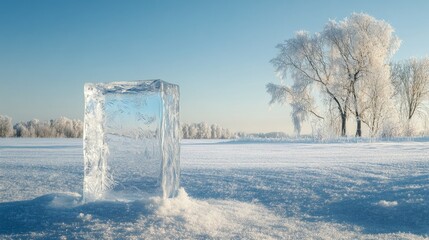 Crystal-clear ice podium standing in a snow-covered field, with a cold blue sky and frosty trees in the distance.