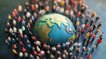 Miniature figurines walking towards planet earth, concept of global population