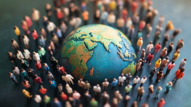 Miniature figurines walking towards planet earth, concept of global population
