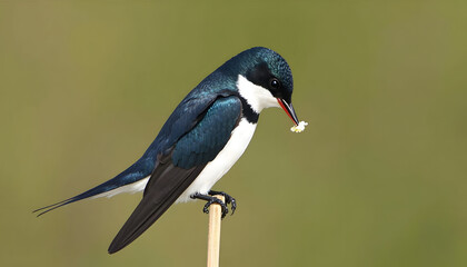 Obraz premium Vibrant blue swallow bird perched on a stick, holding a small piece of food in its beak