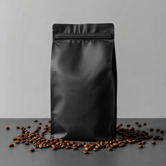 A coffee concept prepared for mockup, with a matte black coffee package and coffee beans on dark background	