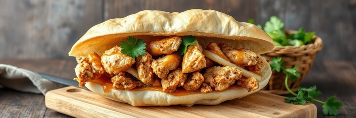 Delicious sandwich filled with seasoned chicken pieces and fresh herbs on a wooden board