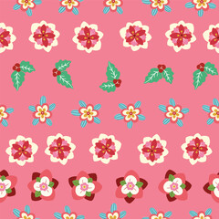 Holiday plants and flowers pattern design on a pink background