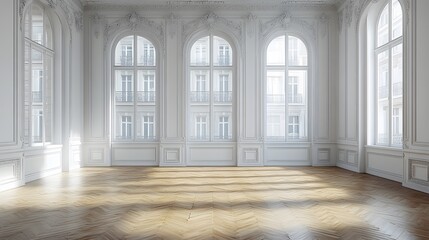 Fototapeta premium Spacious empty bedroom with blank white walls, polished wooden floors, and large windows letting in soft natural light, wide angle