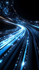 Futuristic glowing blue and silver light trails flash across a blackened background, sleek and sharp