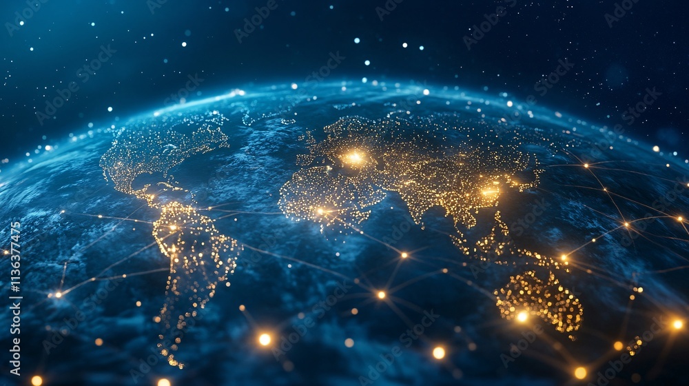 Poster planet earth showing global communication lines connecting cities and countries