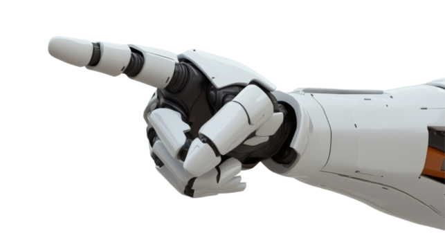 Robot hand pointing, isolated on transparent background