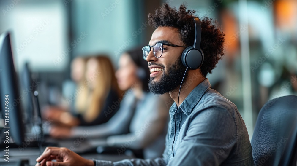 Poster Smiling customer service representative working in busy call center office